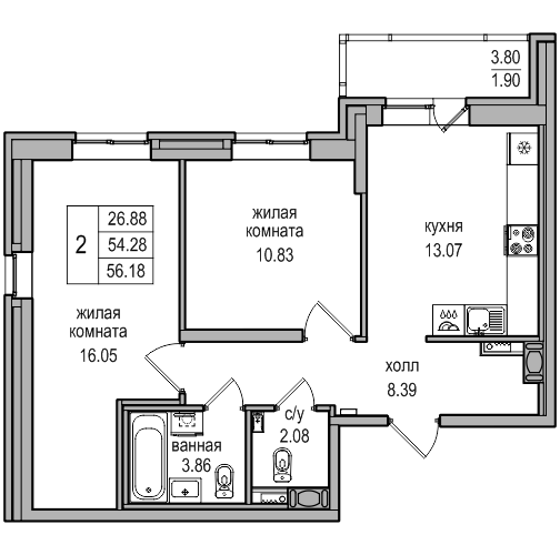 2-комнатная 56.18 м²