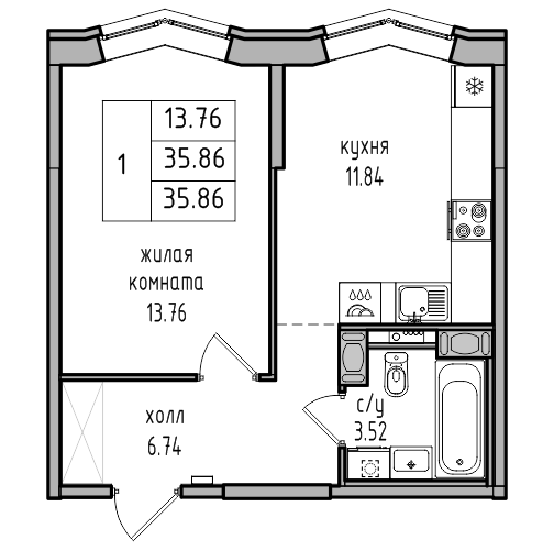 1-комнатная 35.86 м²