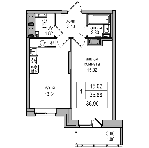 1-комнатная 36.96 м²