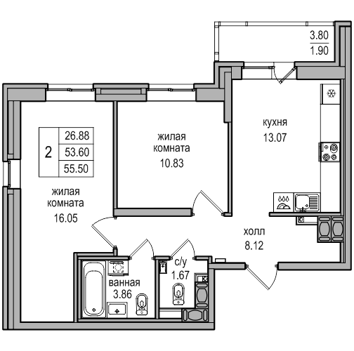 2-комнатная 55.5 м²