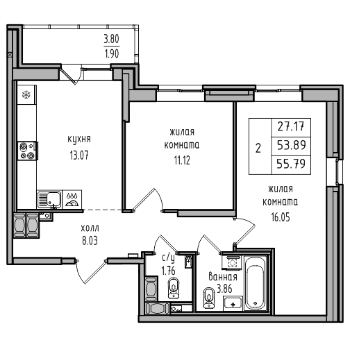 2-комнатная 55.79 м²