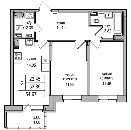 2-комнатная 54.97 м²
