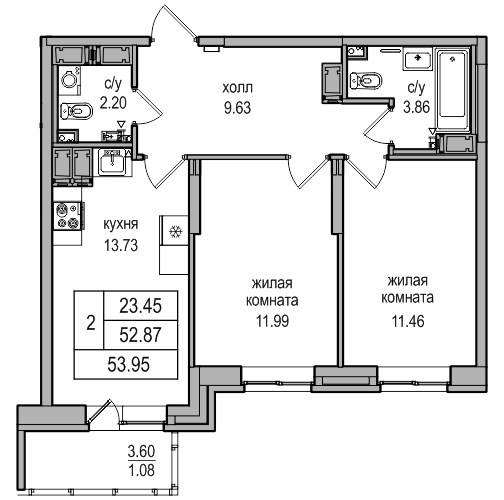 2-комнатная 53.95 м²