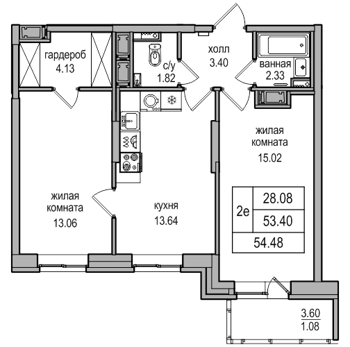 2-комнатная 54.48 м²