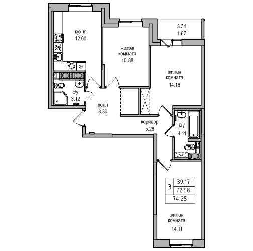 3-комнатная 74.25 м²