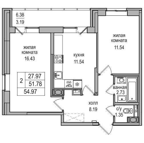 2-комнатная 54.97 м²