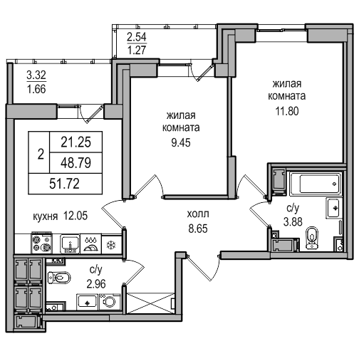 2-комнатная 51.72 м²