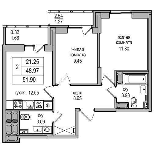 2-комнатная 51.9 м²