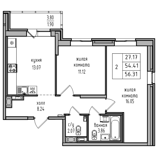 2-комнатная 56.31 м²