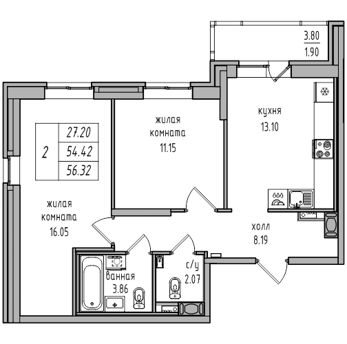 2-комнатная 56.32 м²