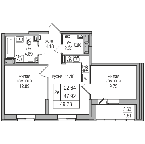 2-комнатная 49.73 м²