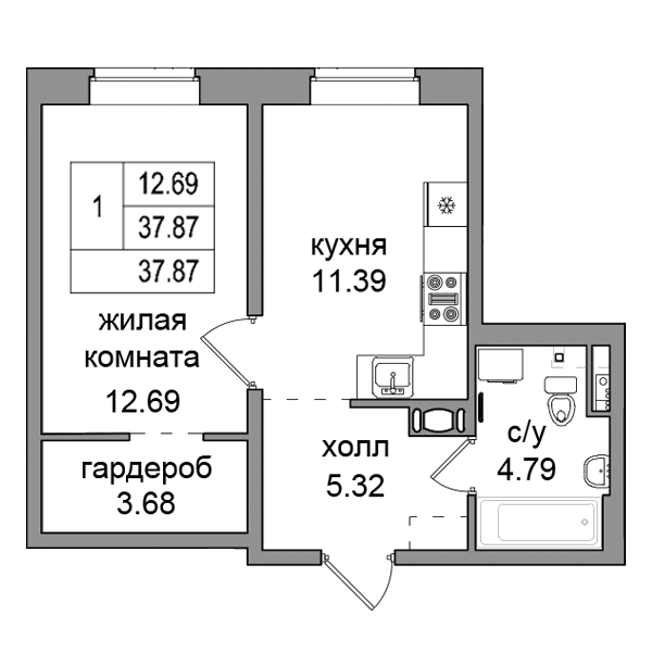 1-комнатная 37.87 м²